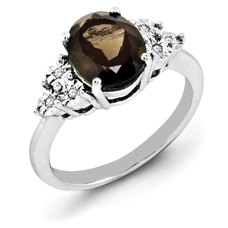 thin stacking rings for women -Oval Smoky Quartz & .03 Ctw Diamond Ring in Sterling Silver