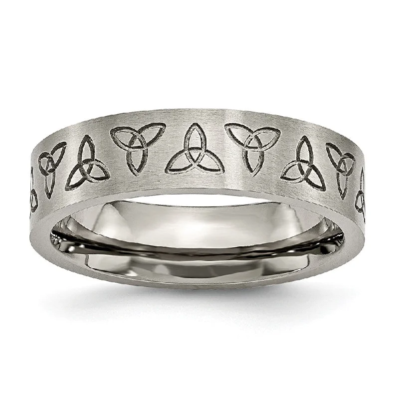 love knot rings for women -6mm Engraved Trinity Symbol Flat Band in Brushed Titanium