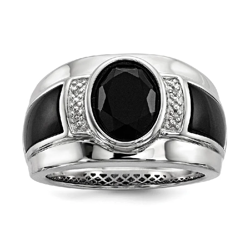 white gold rings for women -Diamond & Oval Black Onyx 13mm Tapered Ring in Sterling Silver