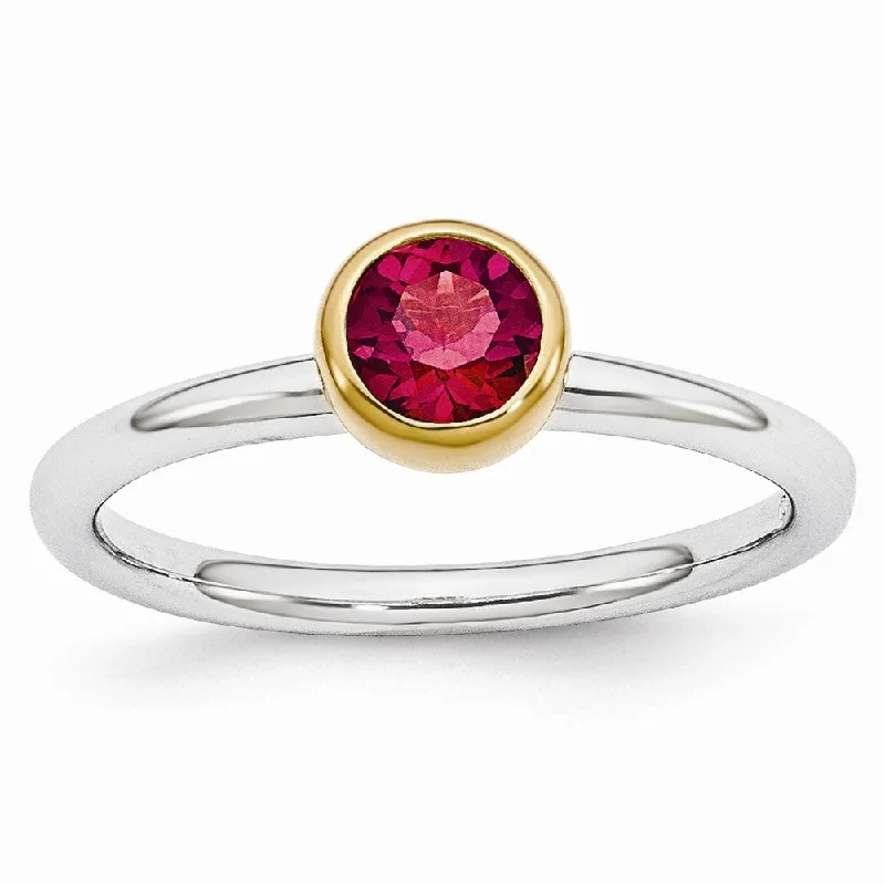 adjustable silver rings for women -Two Tone Sterling Silver Stackable 5mm Round Created Ruby Ring