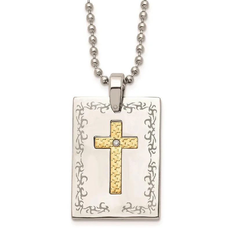 best delicate necklaces for women -Stainless Steel w/18k Polished Laser Etched Square Cross Diamond Necklace