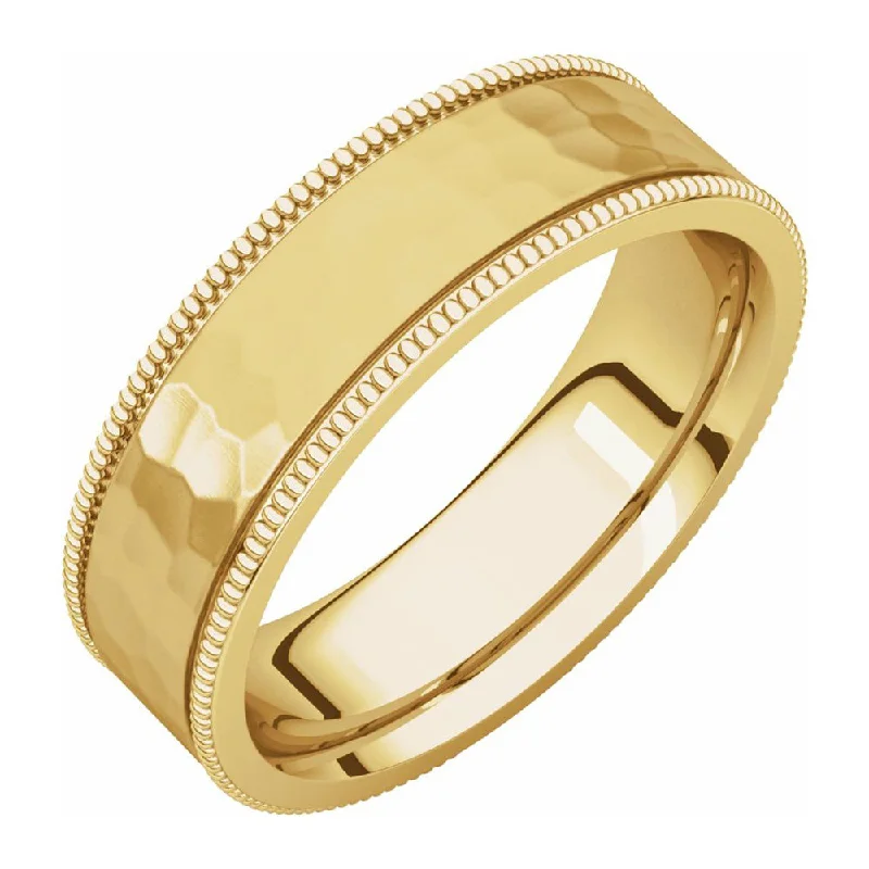 baguette rings for women -6mm 14K Yellow Gold Milgrain Hammered Flat Comfort Fit Band