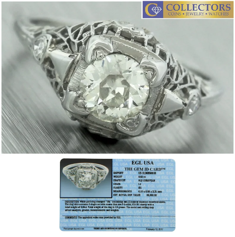 luxury engagement rings -Antique Art Deco 18K White Gold Filigree 0.88ctw Diamond Engagement Ring EGL USA