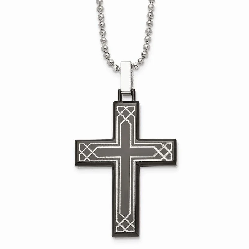 trendy necklaces for women -Stainless Steel Polished Laser Etched Black IP Cross Necklace