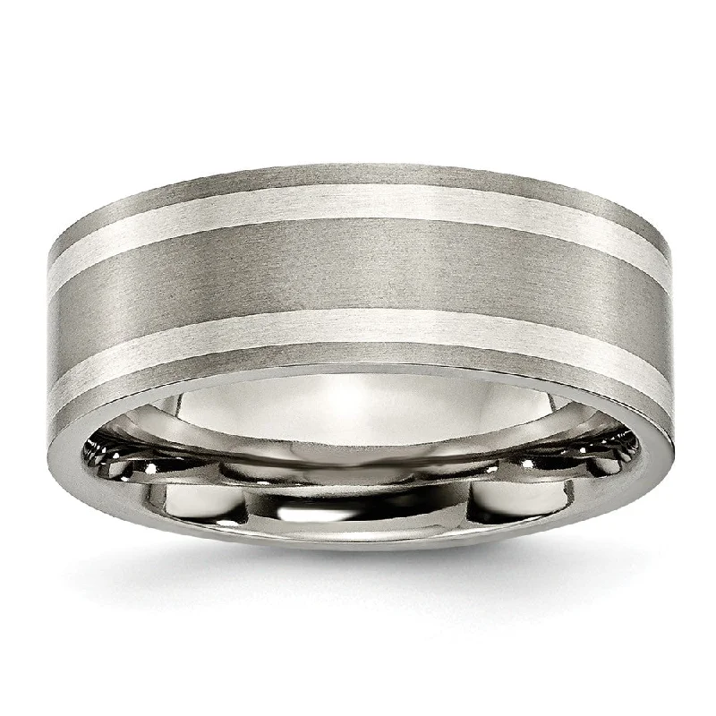 chunky rings for women -Titanium and Sterling Silver Inlay, 8mm Flat Unisex Comfort Fit Band