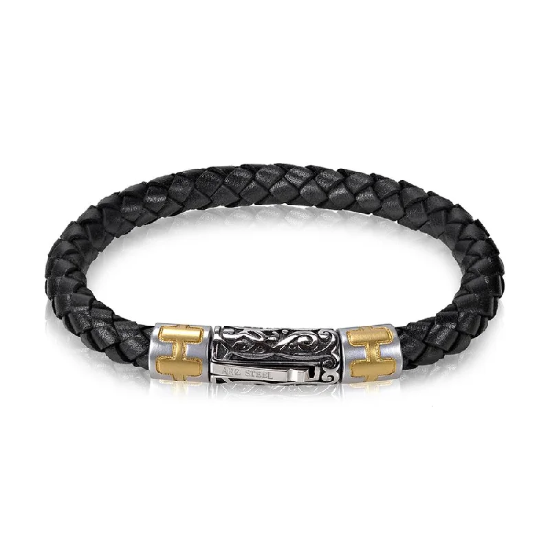 celestial bracelets for women -A.R.Z Men's 6mm Steel Black Leather 8.5  Bracelet