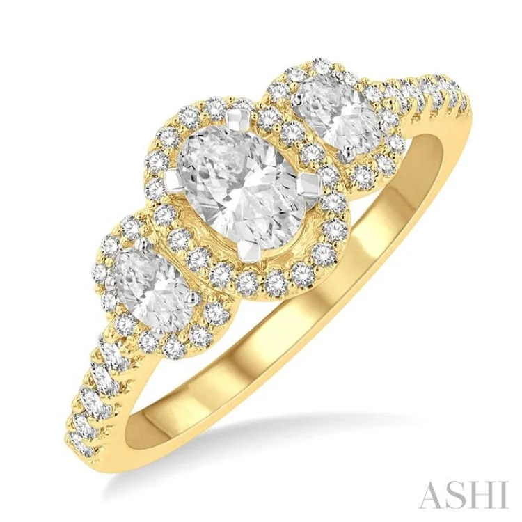 matching engagement rings -1 Ctw Past, Present & Future Round Cut Diamond Engagement Ring With 3/8 ct Oval Cut Center Stone in 14K Yellow and White Gold