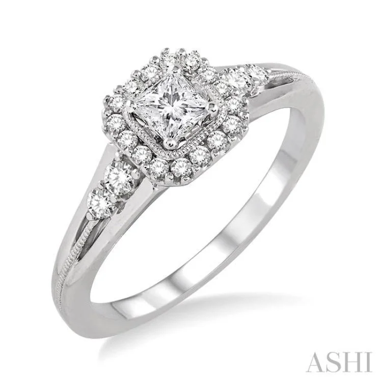 east-west engagement rings -1/2 Ctw Diamond Engagement Ring with 1/4 Ct Princess Cut Center Stone in 14K White Gold