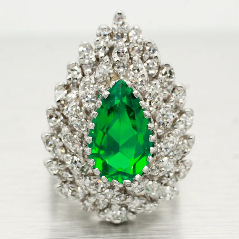 handmade engagement rings -Vintage 2ct Lab-Created Emerald Pear Cut Engagement Ring - 14k White Gold