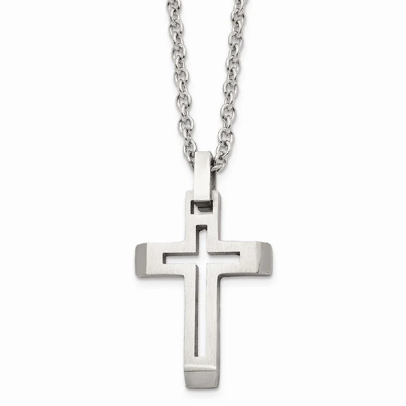 pave diamond necklaces for women -Stainless Steel Polished and Brushed Cut-out Cross Necklace