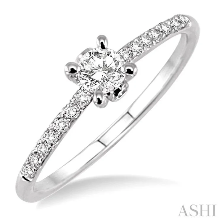 bold statement engagement rings -1/3 Ctw Diamond Engagement Ring with 1/5 Ct Round Cut Center Stone in 14K White Gold