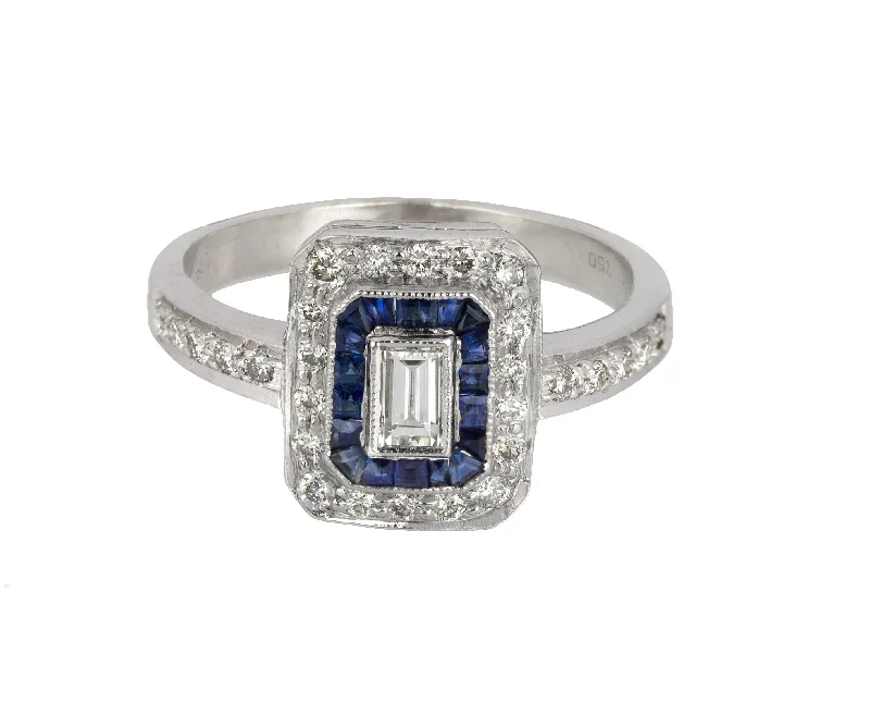 art deco engagement rings -Womens Estate 18K White Gold 0.20ct Diamond Emerald-Cut Sapphire Engagement Ring