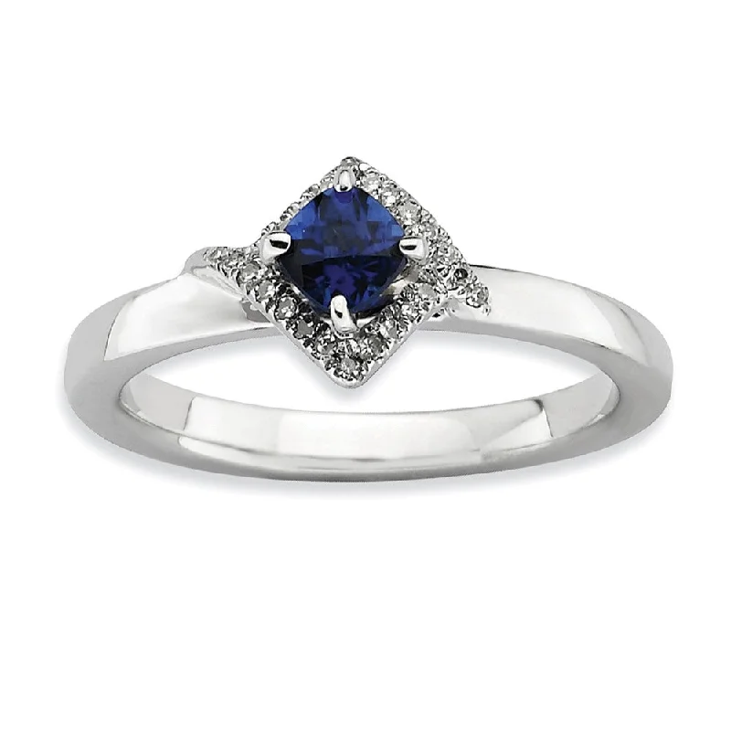 designer rings for women -Stackable Created Sapphire & .10ctw HI/I3 Diamond Sterling Silver Ring