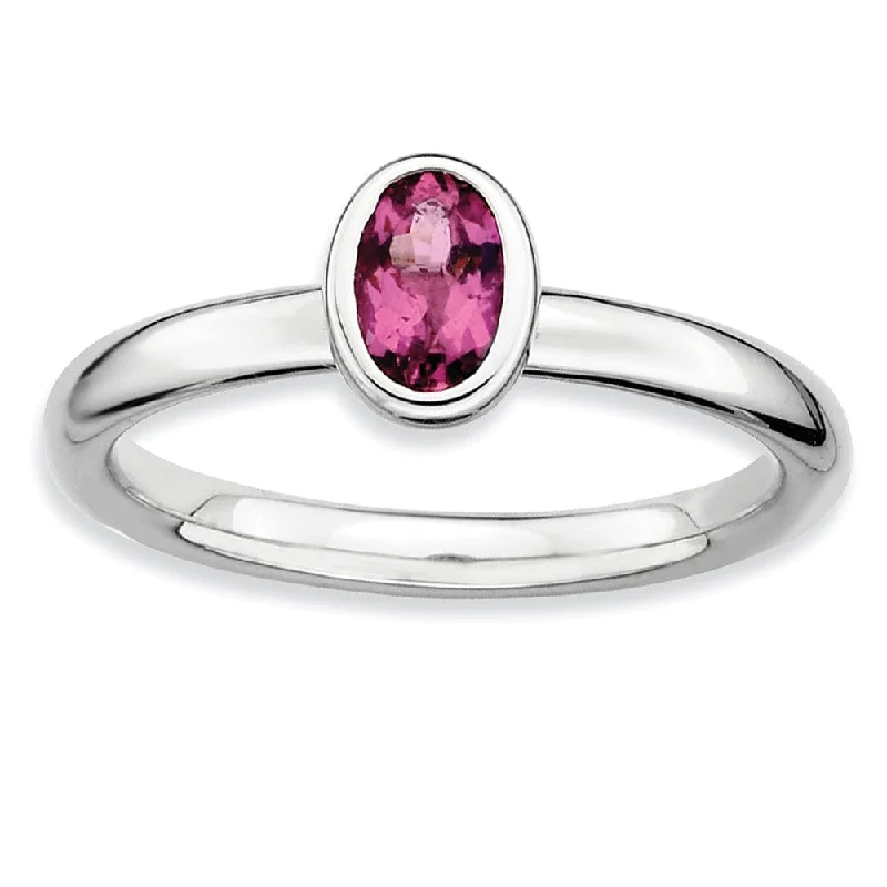 big statement rings for women -Sterling Silver Stackable Oval Pink Tourmaline Solitaire Ring