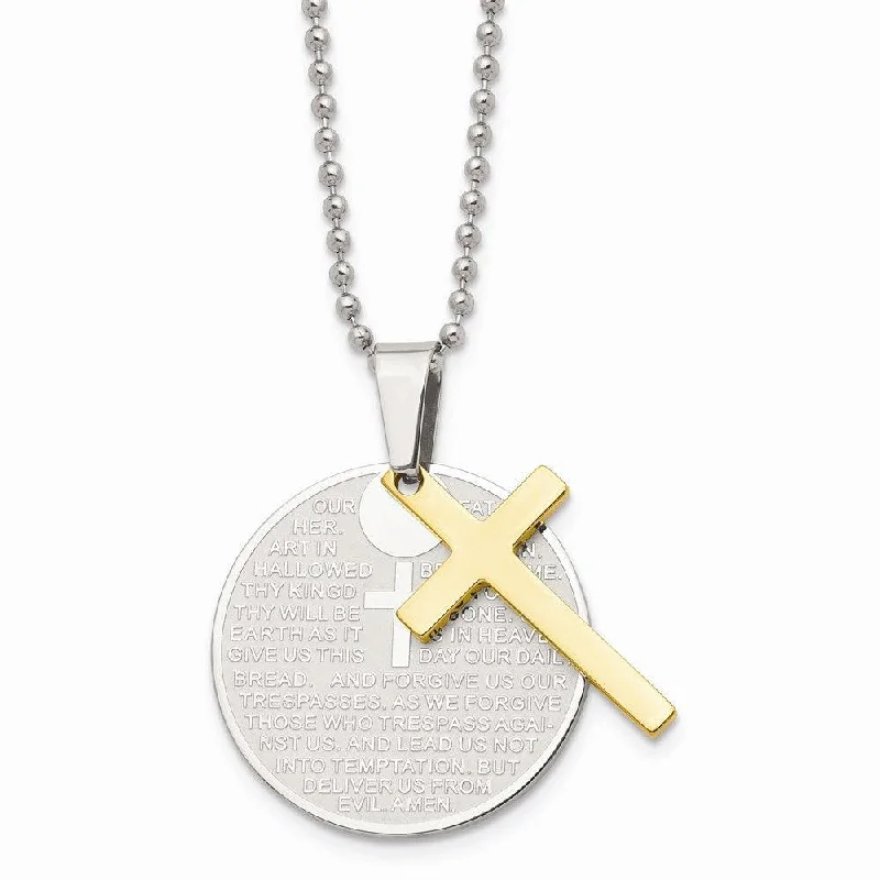 textured necklaces for women -Stainless Steel Brushed/Polished Yellow IP Lords Prayer Cross Necklace