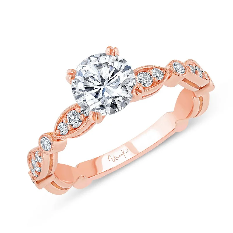 art deco engagement rings -Uneek Us Collection Round Diamond Engagement Ring with Milgrain-Trimmed Marquise-Shaped Clusters and Round Bezel Stations