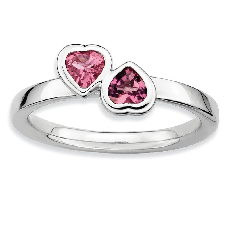 bar rings for women -Sterling Silver Stackable Double Heart Pink Tourmaline Ring