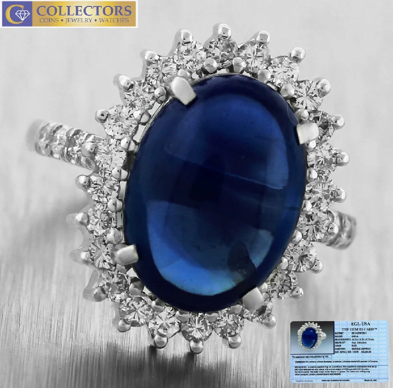 stacking engagement rings -EGL 9.00ct Cabochon Sapphire and Diamond Engagement Ring in Platinum Mounting