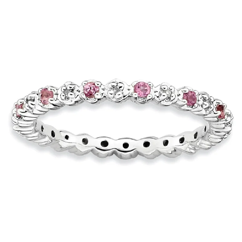 cocktail rings for women -2.25mm Stackable Pink Tourmaline & .04Ctw HI/I3 Diamond Silver Band