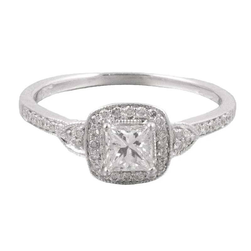 stacking engagement rings -10k White Gold Princess Cut Diamond Halo Engagement Ring 0.62ctw Size 7