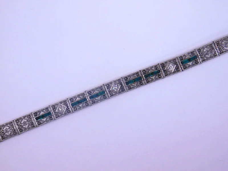 engraved bracelets for women -14K ART DECO DIAMOND AND GREEN STONE BRACELET