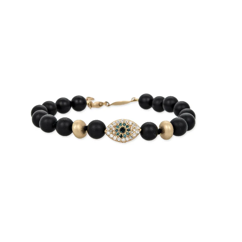 birthstone bracelets for women -PAVE EYE AND SCARAB BEAD + GOLD AND BLACK HEMATITE BEADED STRETCH BRACELET