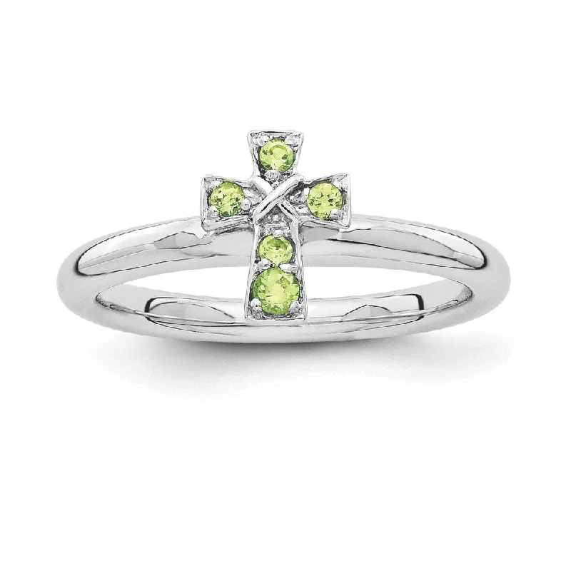 Rhodium Plated Sterling Silver Stackable Peridot 9mm Cross Ring