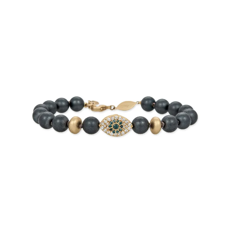 stackable bracelets for women -PAVE EYE AND SCARAB BEAD + GOLD AND GREY HEMATITE BEADED STRETCH BRACELET