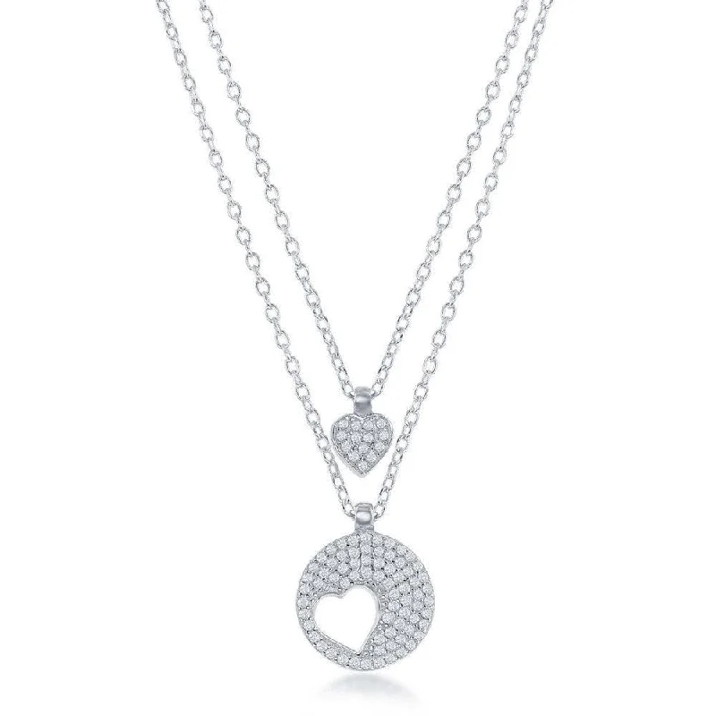 crystal necklaces for women -Sterling Silver Round Heart Cut-Out Double Strand Necklace