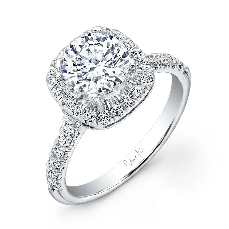 bold statement engagement rings -Uneek Classic Round-Diamond-on-Cushion-Halo Engagement Ring with U-Pave Upper Shank