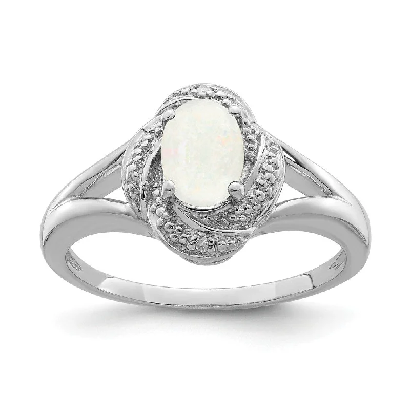 engraved rings for women -Sterling Silver .01 Ctw (H-I, I2-13) Diamond & Oval Created Opal Ring