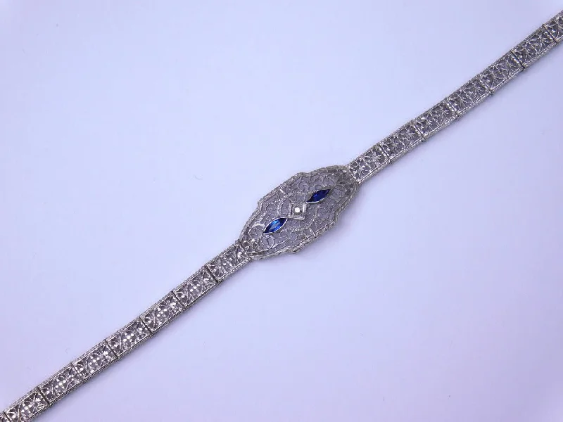 stylish bangles for women -14K ART DECO BRACELET WITH DIAMOND AND BLUE GLASS