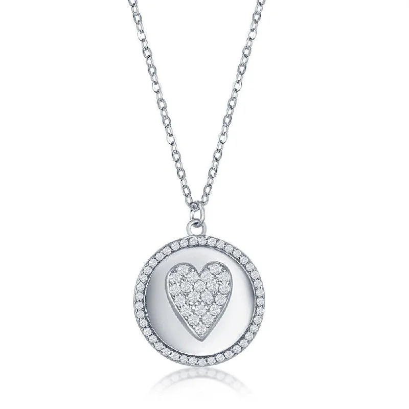 moon necklaces for women -Sterlilng Silver Micro Pave CZ Disc Necklace - Heart