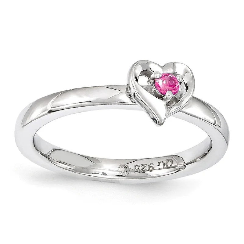 birthstone rings for women -Sterling Silver Stackable Created Pink Sapphire 6mm Heart Ring