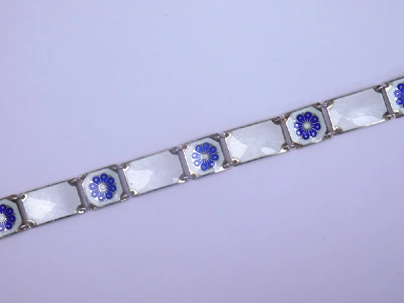 adjustable silver bracelets for women -STERLING SILVER NORWEGIAN BLUE AND WHITE ENAMEL BRACELET