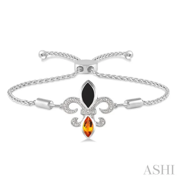 personalized bracelets for women -1/20 Ctw Marquise 10x5mm Onyx & 8x4mm Citrine Round Diamond Fleur De Lis Sterling Silver Lariat Bracelet