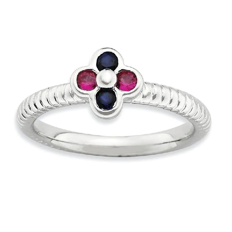 bar rings for women -Sterling Silver Created Ruby & Created Sapphire 7mm Flower Stack Ring