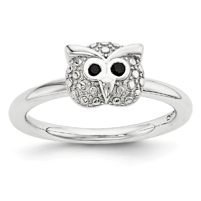 designer rings for women -Sterling Silver & Black Onyx 7mm Owl Stackable Expressions Ring