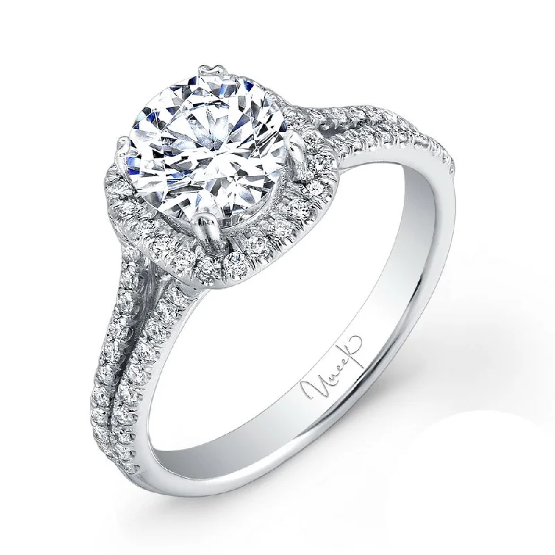 pear-shaped engagement rings -Uneek Round-Diamond-on-Cushion-Halo Engagement Ring with Split Upper Shank