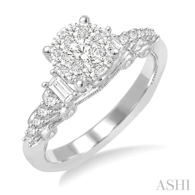 unique engagement rings -3/4 Ctw Round and Baguette Diamond Lovebright Engagement Ring in 14K White Gold