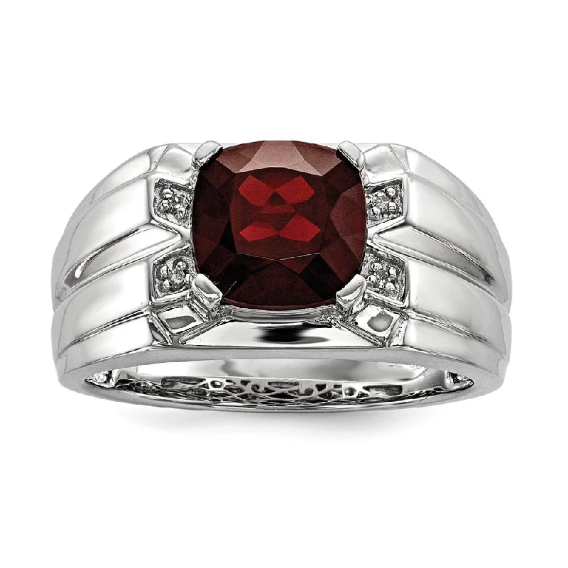 boho rings for women -Cushion Cut Garnet & Diamond Tapered Ring in Sterling Silver