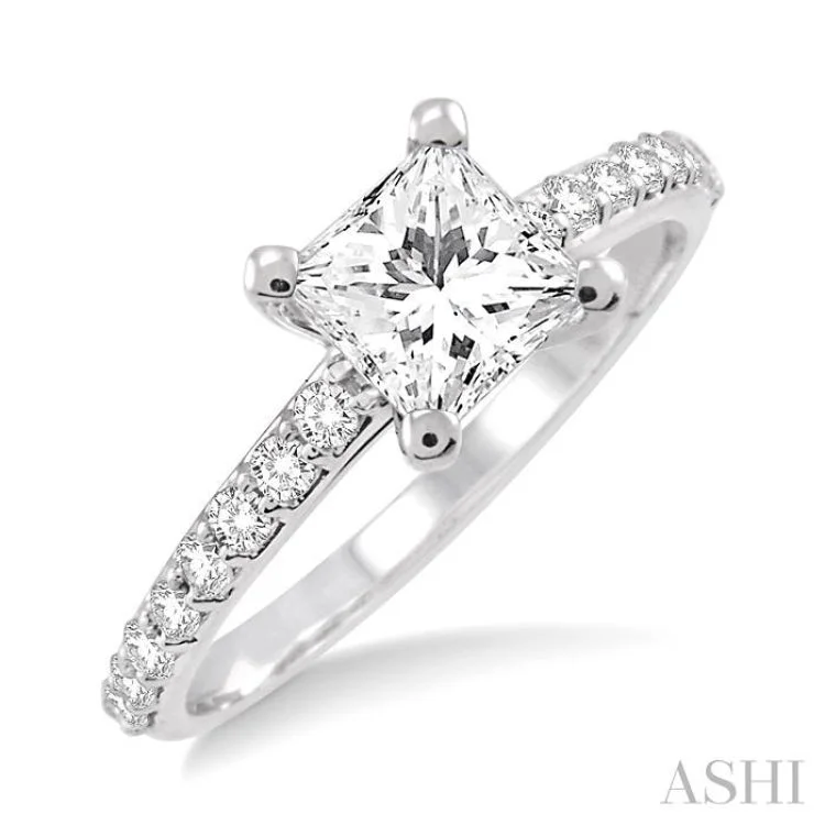 aesthetic engagement rings -1 Ctw Diamond Engagement Ring with 5/8 Ct Princess Cut Center Stone in 14K White Gold