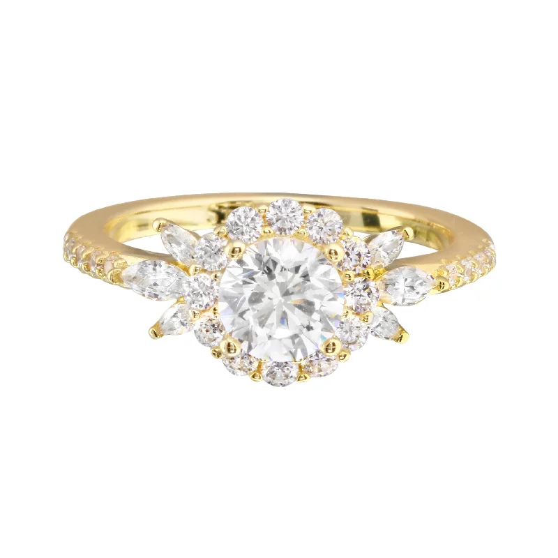 dainty engagement rings -Round Diamond and Floral Halo Engagement Ring