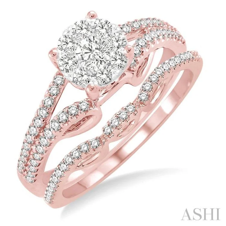 east-west engagement rings -3/4 Ctw Diamond Lovebright Wedding Set with 1/2 Ctw Round Cut Engagement Ring and 1/6 Ctw Wedding Band in 14K Rose and White Gold