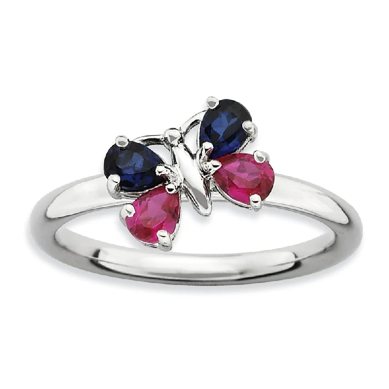 thick silver rings for women -Stackable Created Sapphire & Created Ruby Butterfly Silver Ring