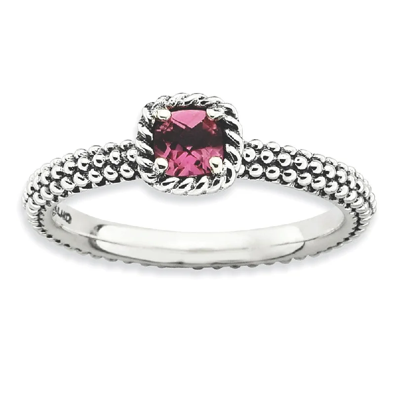 multi-layered rings for women -Antiqued Sterling Silver Stackable Pink Tourmaline Ring