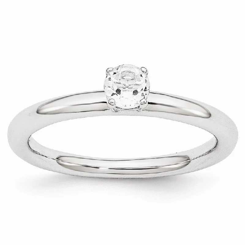 engraved rings for women -Rhodium Plated Sterling Silver Stackable 4mm Round White Topaz Ring