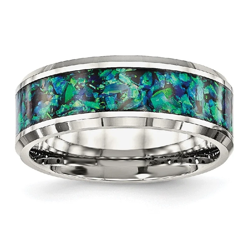 butterfly rings for women -8mm Stainless Steel Blue Imitation Opal Inlay Comfort Fit Band