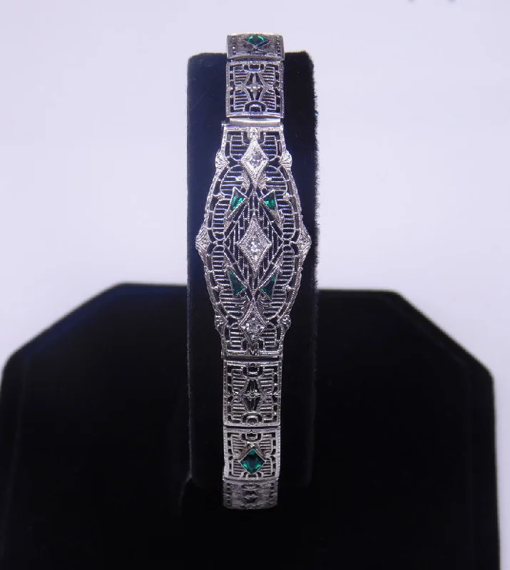 bold fashion bracelets for women -14K ART DECO DIAMOND AND GREEN STONE BRACELET