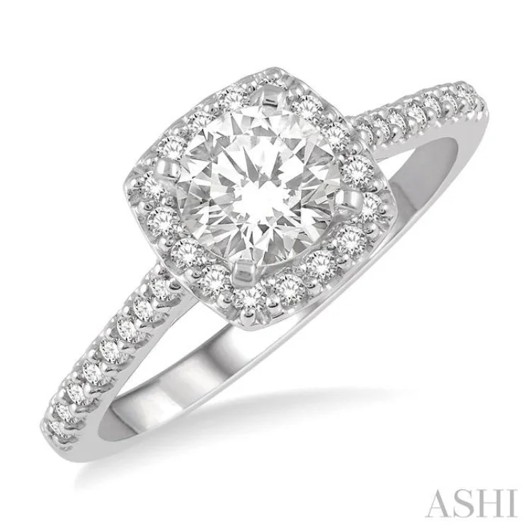 handmade engagement rings -3/4 Ctw Diamond Ladies Engagement Ring with 1/2 Ct Round Cut Center Stone in 14K White Gold